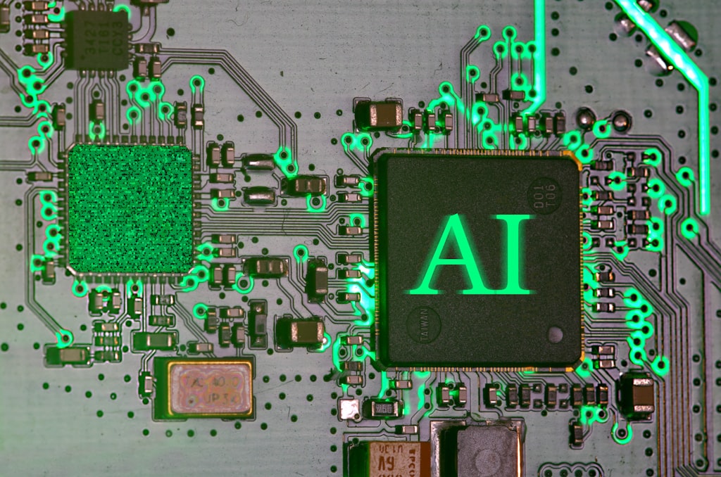 Infraestrutura de IA por trás do Grok 4.6 Chip de inteligência artificial iluminado sobre placa de circuito, simbolizando a infraestrutura por trás do Grok 4.6